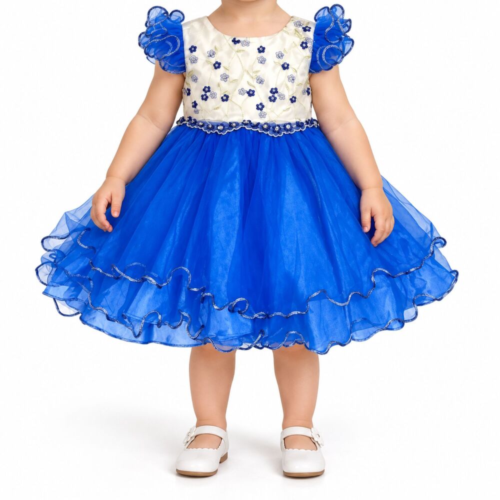 Shanil Girls’ Embroidered White and Blue Party Dress with Tulle Skirt | Size 12M